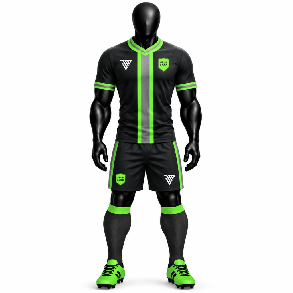 Front view of a black football kit with neon green trim, matching shorts and socks
