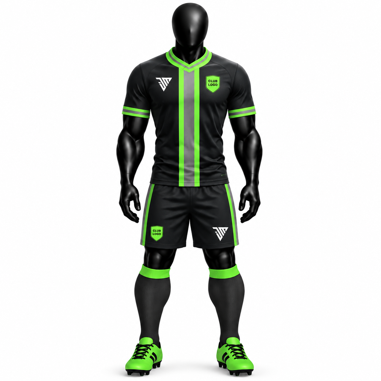 Front view of a black football kit with neon green trim, matching shorts and socks
