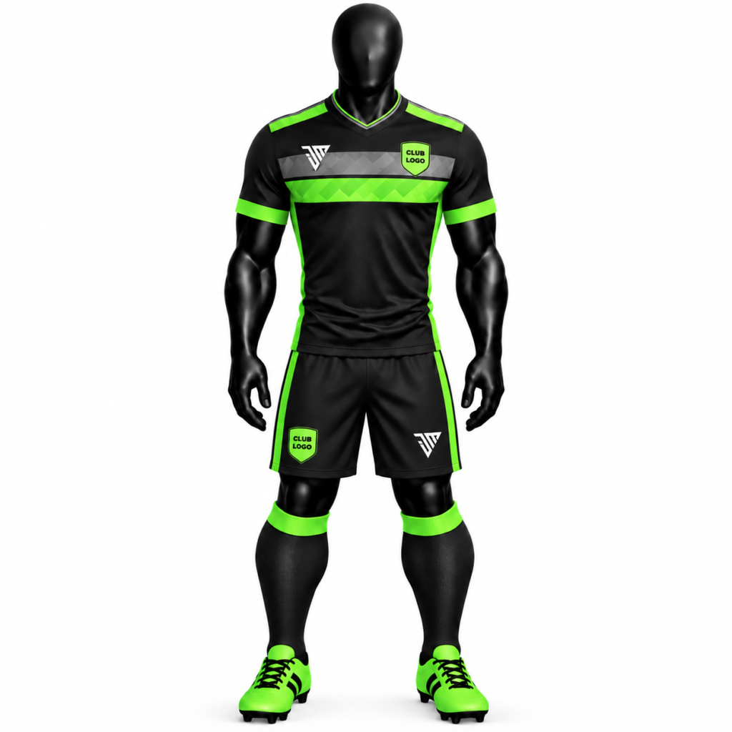 Black neon green football kit with jersey and shorts size chart in inches