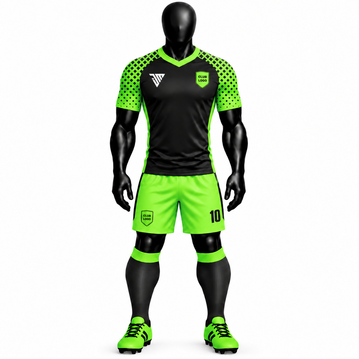 Black neon green football kit with black jersey and matching neon green shorts