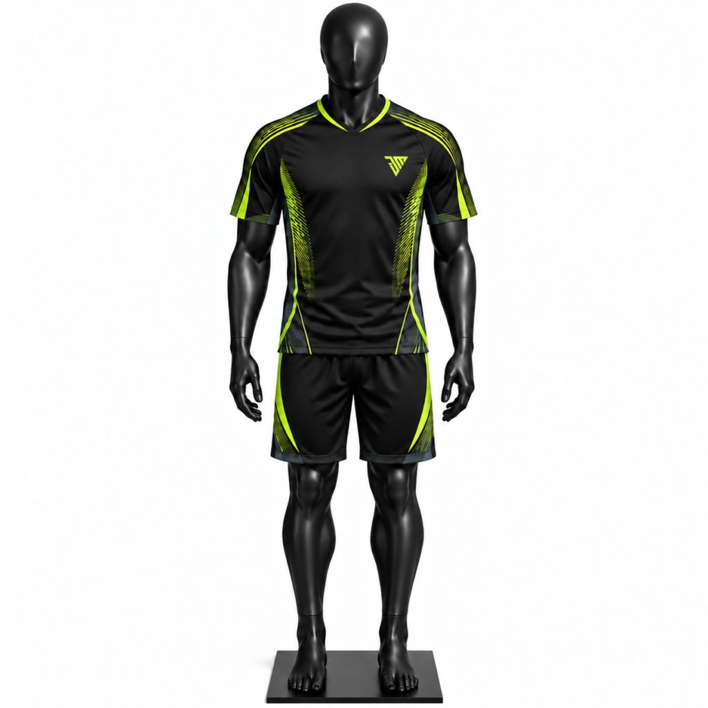 black neon green soccer kit size chart with jersey and shorts sizes S to 3XL