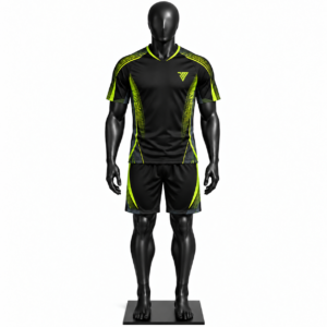 black neon green soccer kit size chart with jersey and shorts sizes S to 3XL