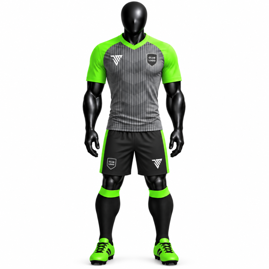 Charcoal striped lime soccer uniform with jersey and shorts size charts