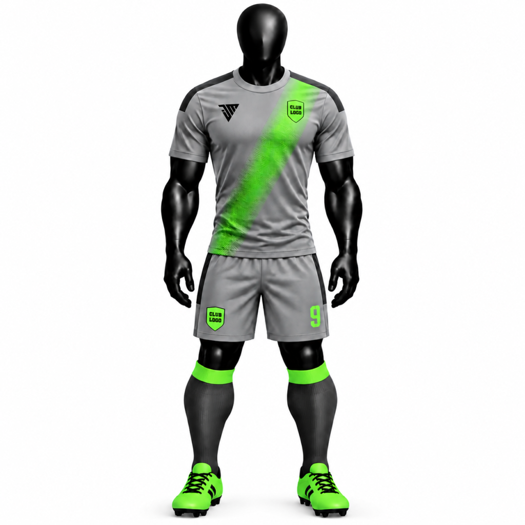 Front view of custom grey neon football kit with matching jersey and shorts