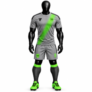 Front view of custom grey neon football kit with matching jersey and shorts