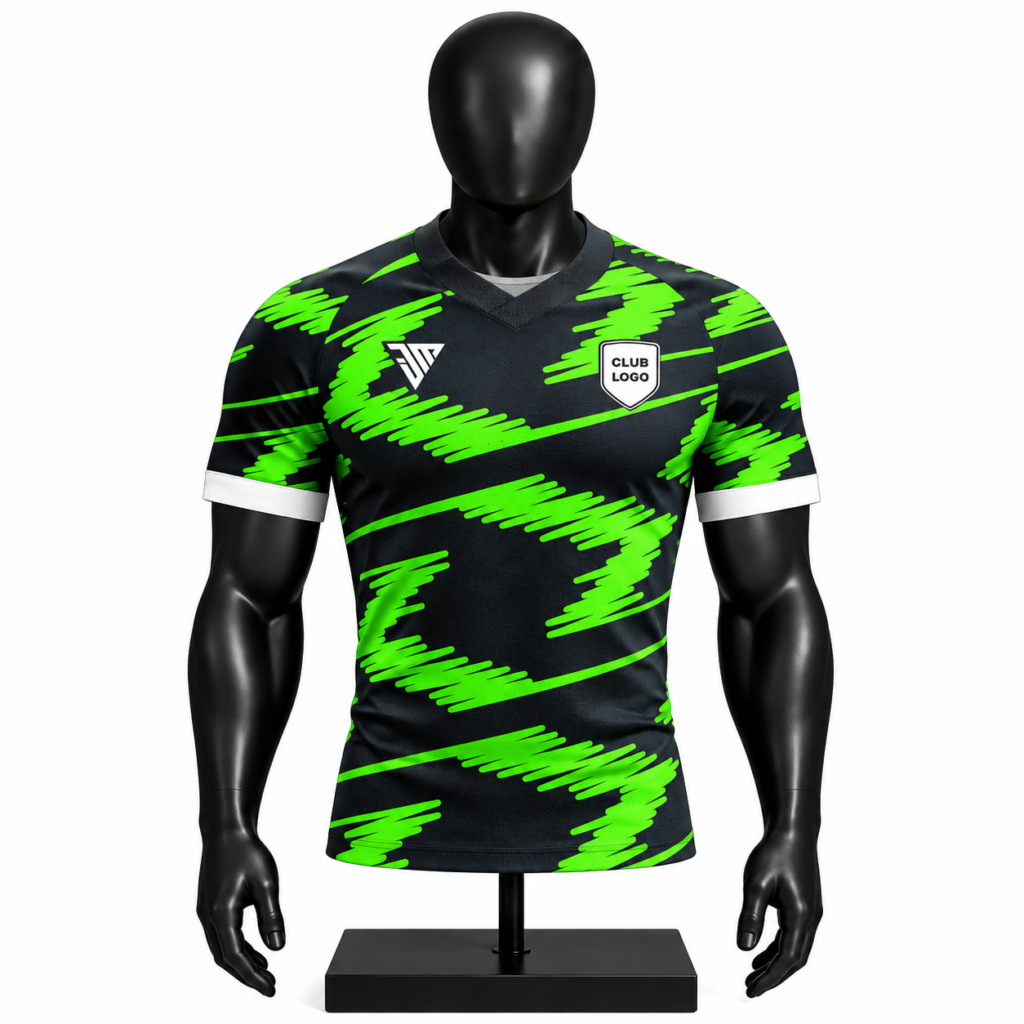 neon green black football jersey size chart showing S to 3XL chest length height and weight measurements
