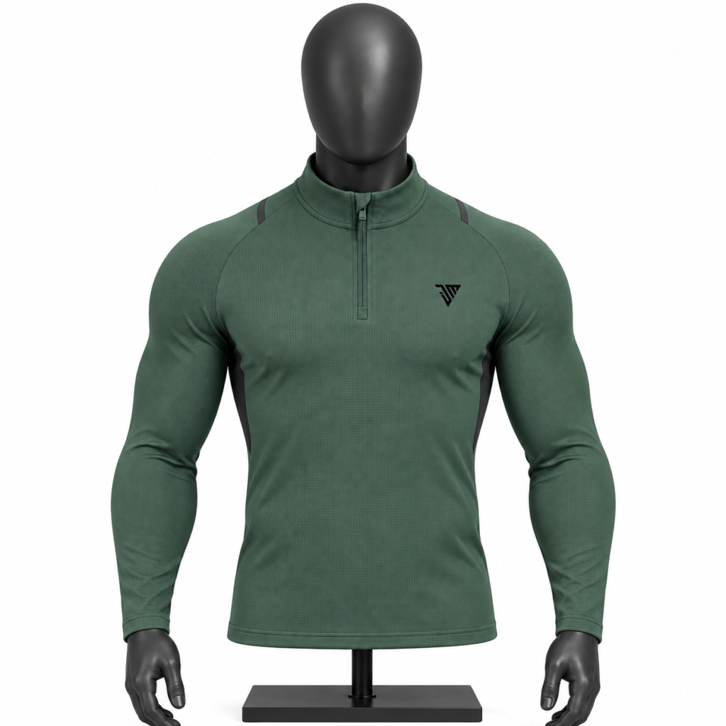 Men's Green Quarter Zip Pullover size chart with chest waist length and sleeve measurements