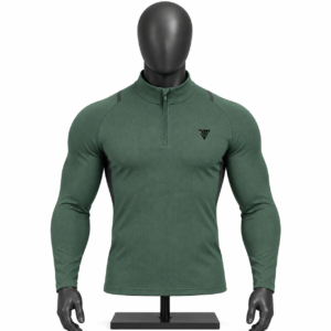 Men's Green Quarter Zip Pullover size chart with chest waist length and sleeve measurements