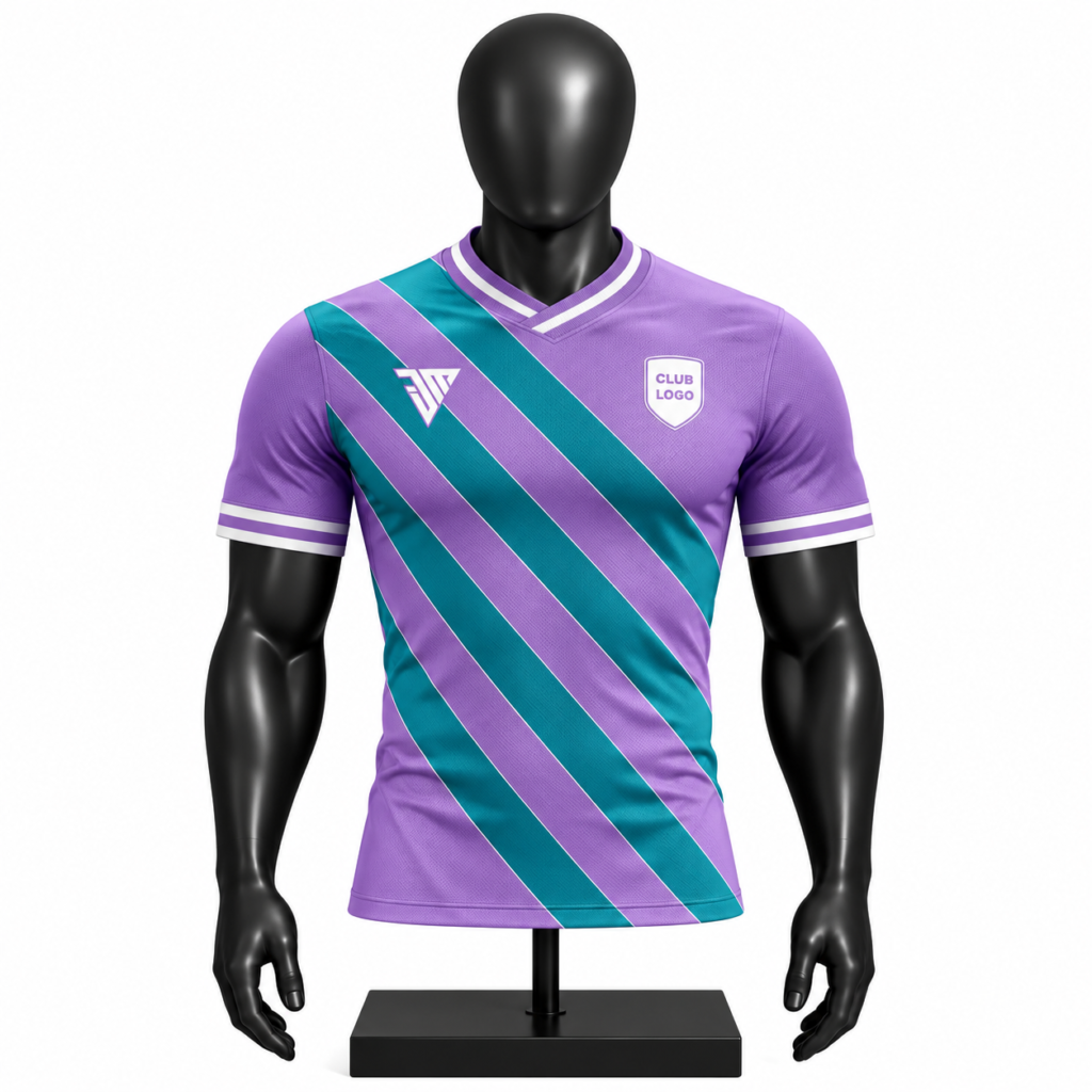 purple teal soccer jersey size chart showing men's S to 3XL chest length shoulder and sleeve measurements