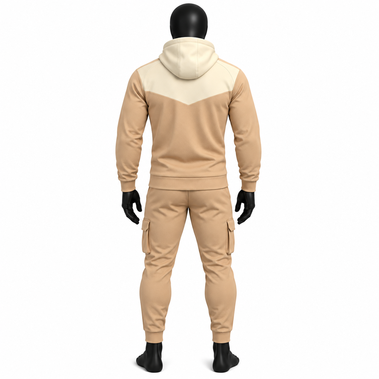 Men's Hooded Cargo Tracksuit – Beige & Cream Two-Tone Fleece Set - Image 2