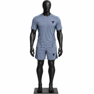 men's athletic t-shirt and shorts set size chart showing chest waist hip length shoulder sleeve and leg opening measurements