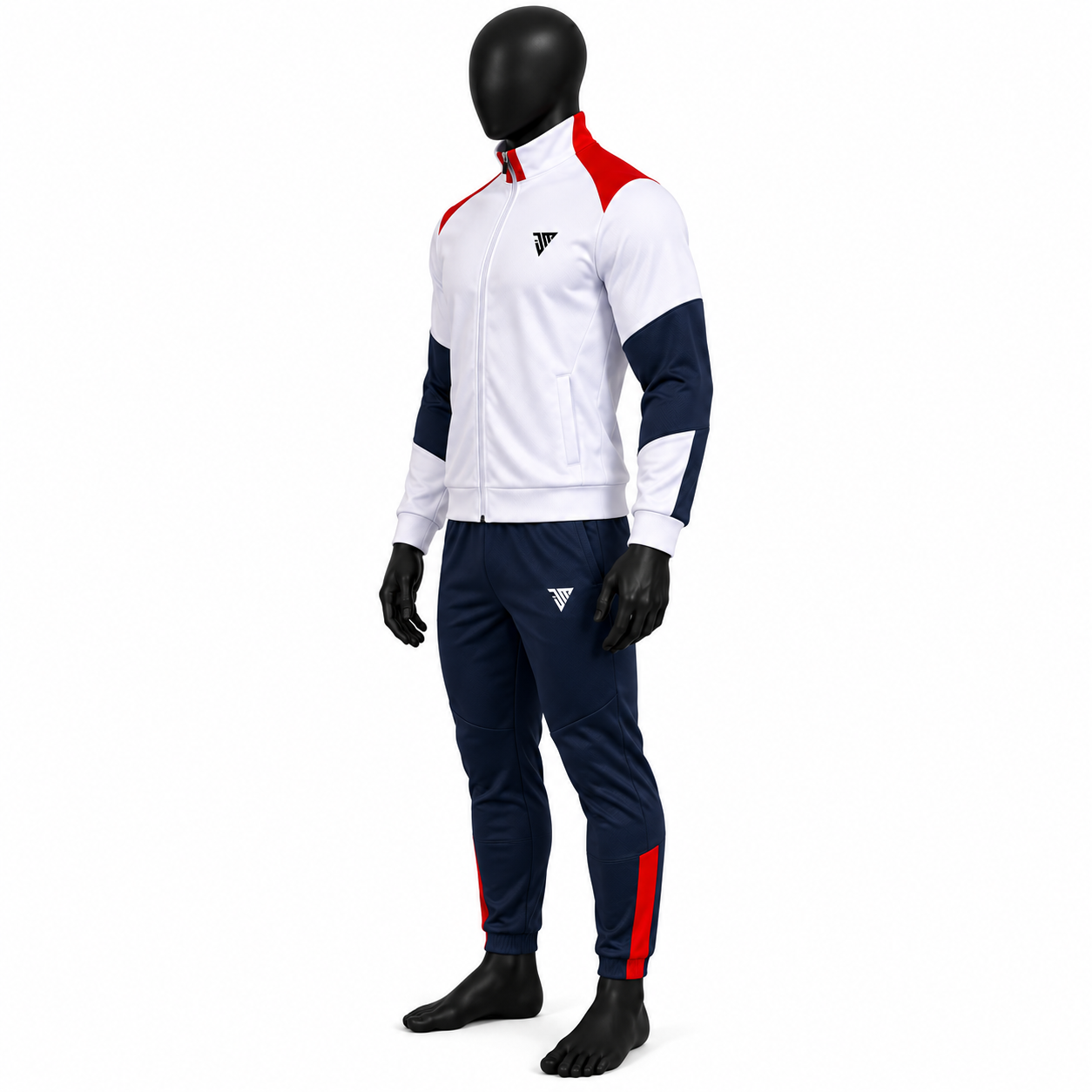 Men's Tricolor Athletic Tracksuit – White, Navy & Red Warmup Set - Image 3
