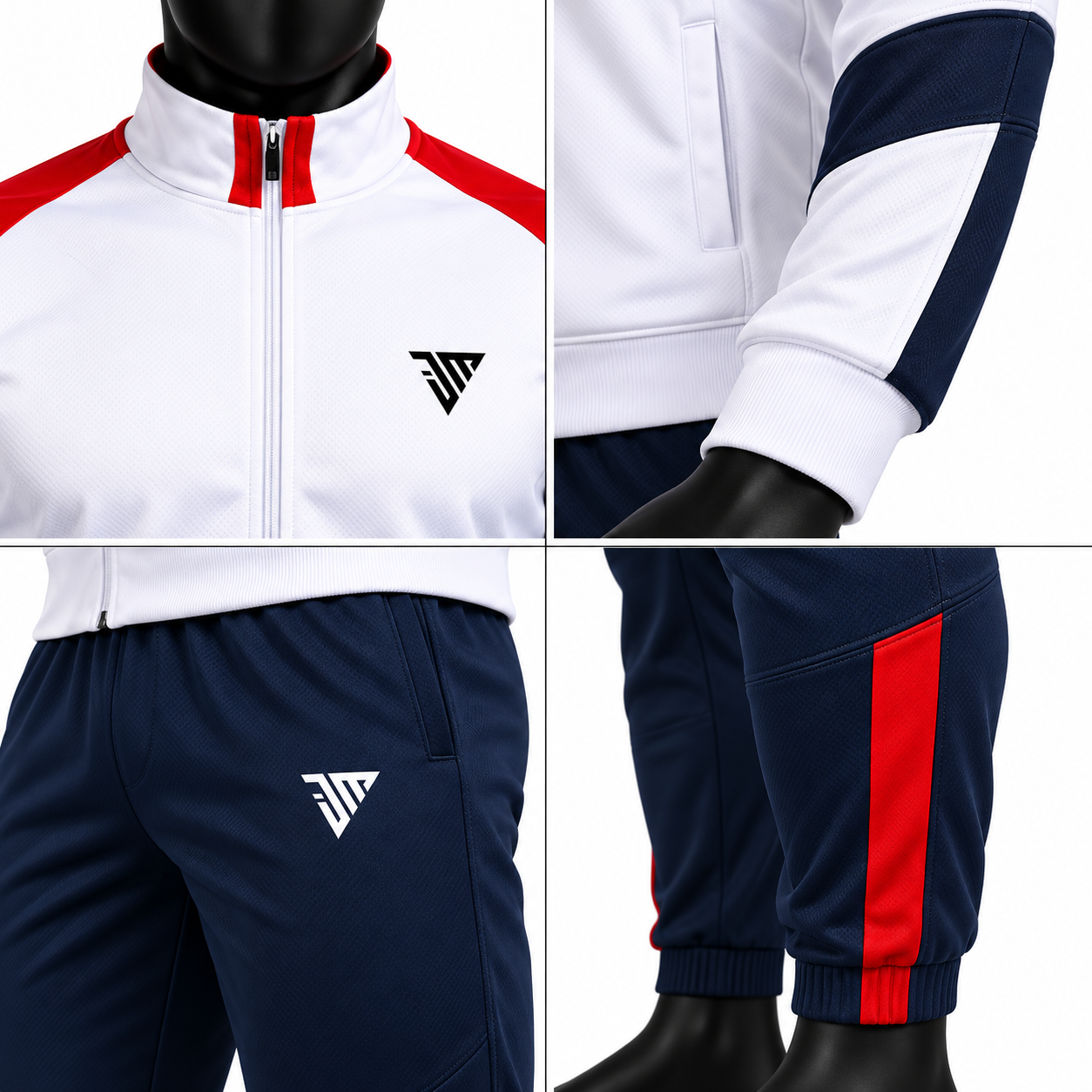 Men's Tricolor Athletic Tracksuit – White, Navy & Red Warmup Set - Image 4