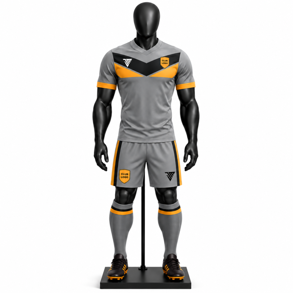 Front view of grey and orange rugby uniform with V-neck jersey matching shorts and socks