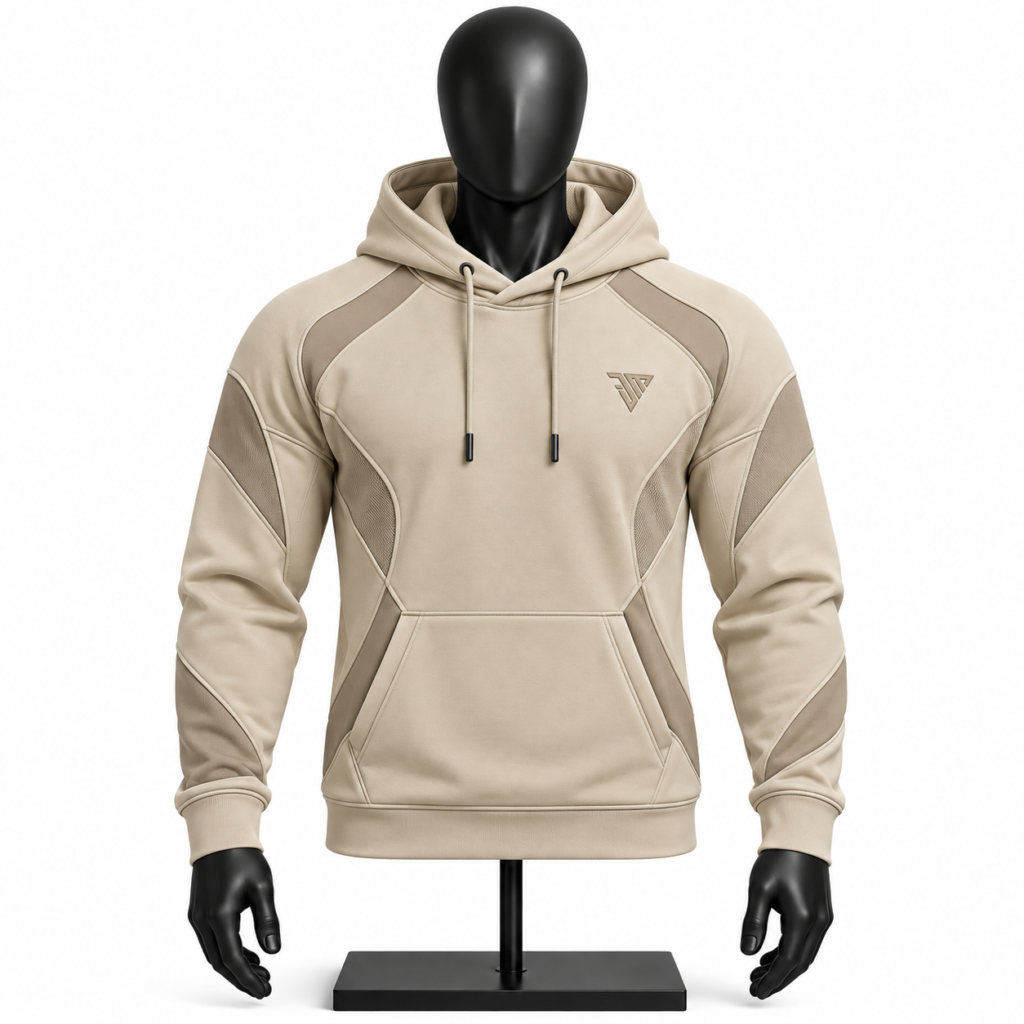 beige technical hoodie size chart showing chest length and sleeve measurements from S to 2XL