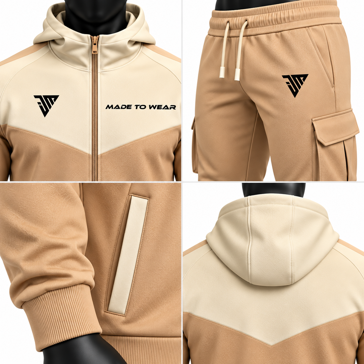 Men's Hooded Cargo Tracksuit – Beige & Cream Two-Tone Fleece Set - Image 4