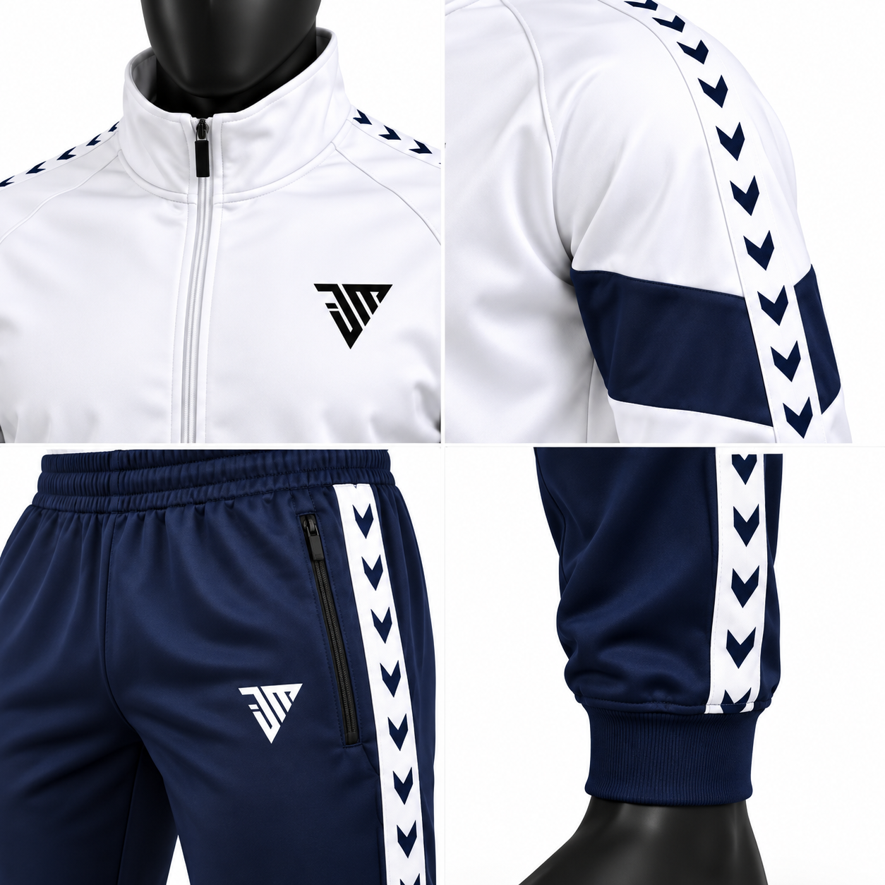 Men's White Athletic Tracksuit – Navy Chevron Warmup Set - Image 4